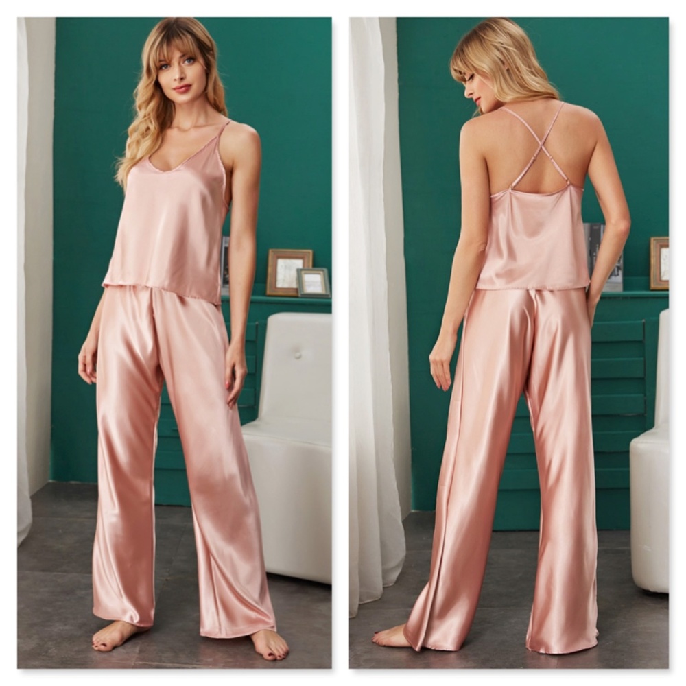 Pink Satin Pajama Set: Cami Top and Pants - Picture 5 of 10